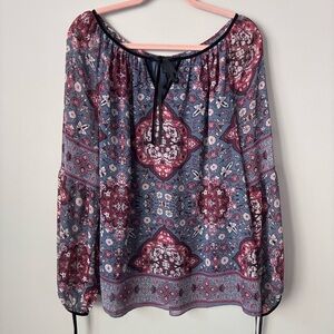 White House Black Market Blue &  Pink Bohemian Long Sleeve Relaxed Blouse